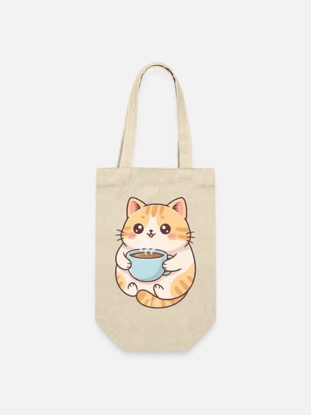 Katze mit Kaffee  - Geschenkbeutel für Flaschen - Natur