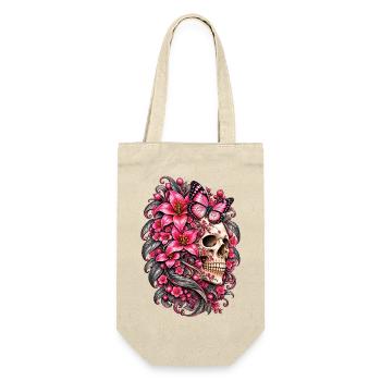 Totenkopffrau, Schädel, Schmetterlingsblüten, rosa Lilien - Geschenkbeutel für Flaschen - Natur - Vorne