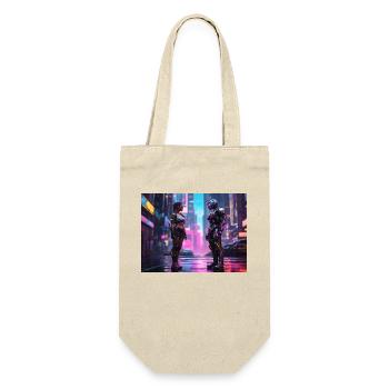 Cyberpunk Girl and Cyborg - Geschenkbeutel für Flaschen - Natur - Vorne