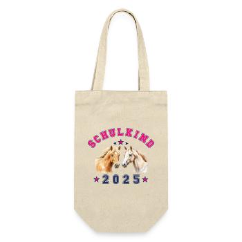 Schulkind 2025 - Pferde Reiterin Pferd - Geschenkbeutel für Flaschen - Natur - Vorne