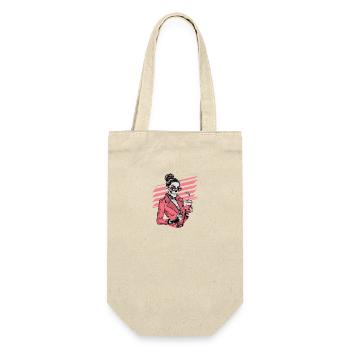Witzige Skelett-Dame mit Kaffee und Sonnenbrille - Geschenkbeutel für Flaschen - Natur - Vorne