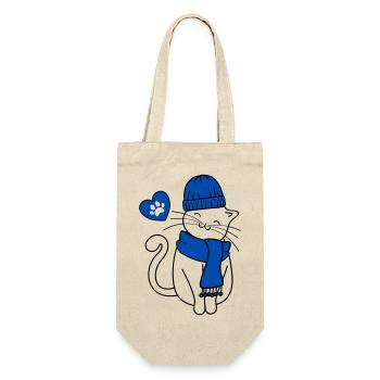 Winterkatze mit Mütze und Schal, Herz und Pfote - Geschenkbeutel für Flaschen - Natur - Vorne
