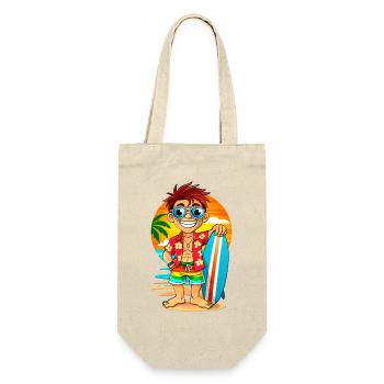 Fröhlicher Surfer mit Surfbrett am Strand. - Geschenkbeutel für Flaschen - Natur - Vorne