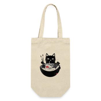 Katze schlürft Ramen Nudelsuppe mit Stäbchen - Geschenkbeutel für Flaschen - Natur - Vorne