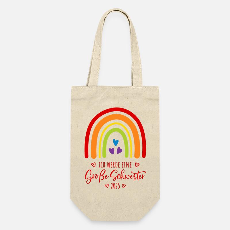Ich werde eine große Schwester 2025 Regenbogen - Geschenkbeutel für Flaschen - Natur