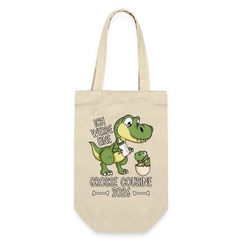 Große Cousine 2026 Dino Baby Ei Dinosaurier - Geschenkbeutel für Flaschen - Natur - Vorne