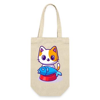 Süße Katze mit Fisch auf dem Futternapf - Geschenkbeutel für Flaschen - Natur - Vorne