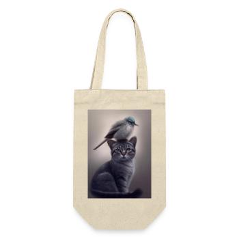 Vogel sitzt auf Katze - Geschenkbeutel für Flaschen - Natur - Vorne