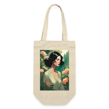 black-haired beautiful woman in flower field gift - Gift Bag for Bottles - nature - Front