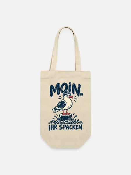 Moin! Ihr Spacken – Freche Möwe im Retro Look - Geschenkbeutel für Flaschen - Natur