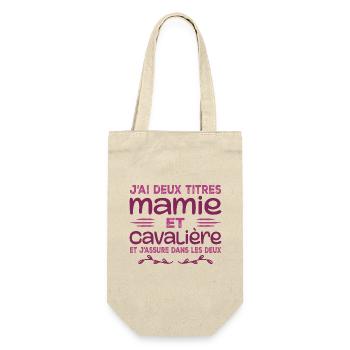 Zwei Titel Granny Rider | Oma | Pferd - Geschenkbeutel für Flaschen - Natur - Vorne