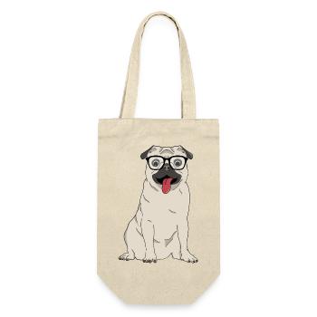 Lustiger Mops mit großer Nerd-Brille - Geschenkbeutel für Flaschen - Natur - Vorne