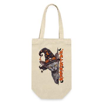 Sphinx Katze Hexenhut Halloween Design - Geschenkbeutel für Flaschen - Natur - Vorne