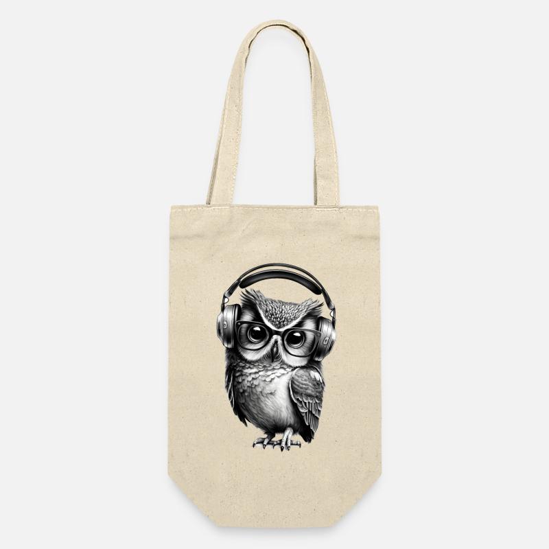Eule mit Brille und Kopfhörern - Geschenkbeutel für Flaschen - Natur