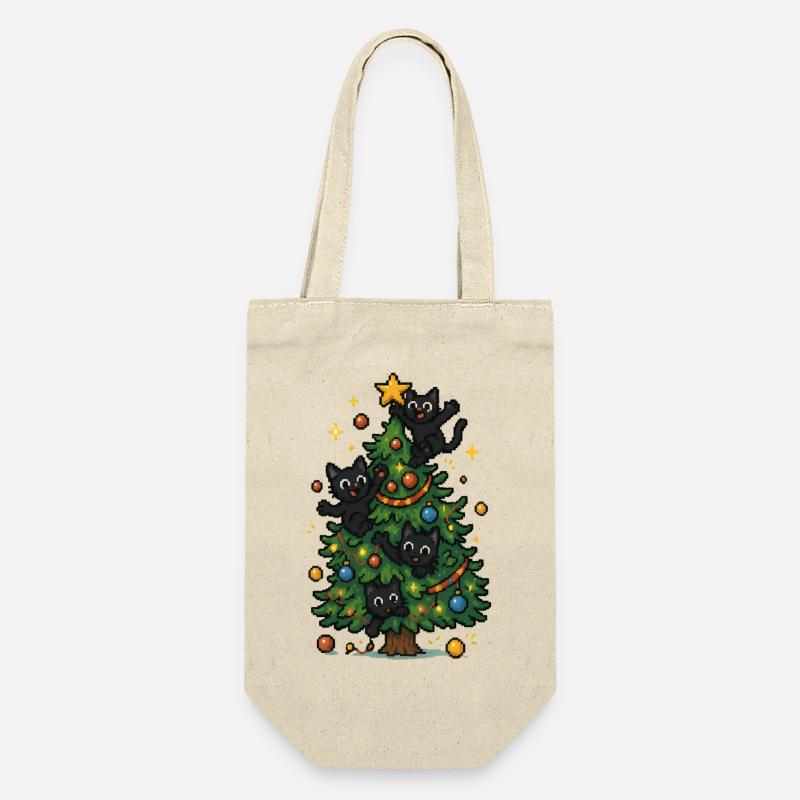 Weihnachtsbaum mit frechen Katzen - Geschenkbeutel für Flaschen - Natur