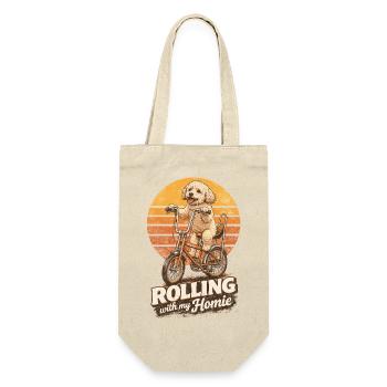 Maltipoo auf Bonanza-Rad – Rolling mit Kumpel - Geschenkbeutel für Flaschen - Natur - Vorne