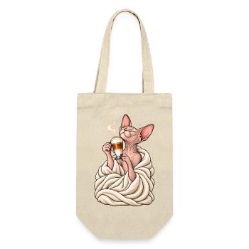 Sphinx Katze mit Latte Macchiato – Katzenkaffee - Geschenkbeutel für Flaschen - Natur - Vorne