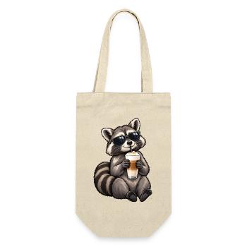 Waschbär mit Latte Macchiato – Kaffeepause - Geschenkbeutel für Flaschen - Natur - Vorne