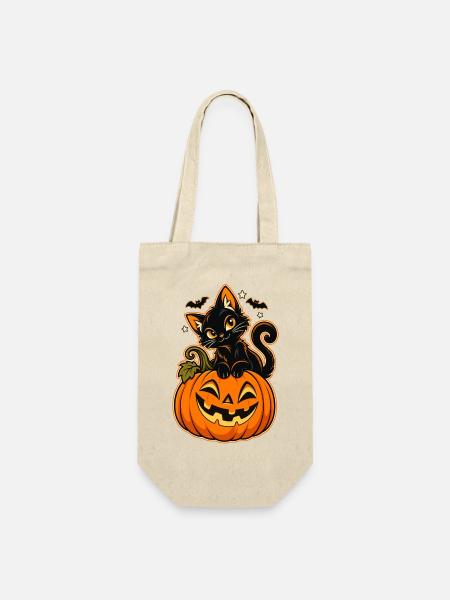 Schwarze Katze auf Kürbis - Geschenkbeutel für Flaschen - Natur