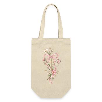 Blütenkreuz mit Rosa Band - Geschenkbeutel für Flaschen - Natur - Vorne