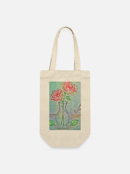 Zwei rote Rosen in einer Vase - Geschenkbeutel für Flaschen - Natur