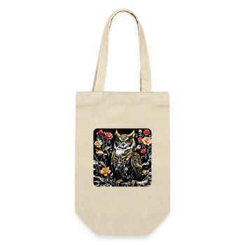 Hibou avec des vrilles de pétales de rose en aspect gravure sur bois - Sac à bouteille - nature - Devant