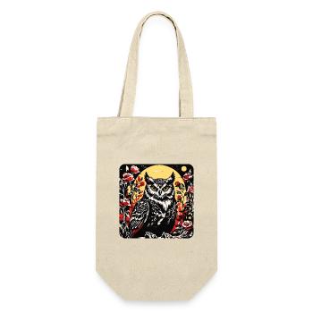 Hibou avec des vrilles de pétales de rose en aspect gravure sur bois - Sac à bouteille - nature - Devant