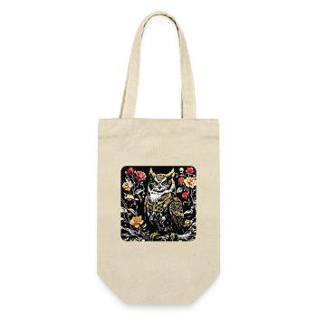 Hibou avec pétales de rose en aspect gravure sur bois - Sac à bouteille - nature - Devant