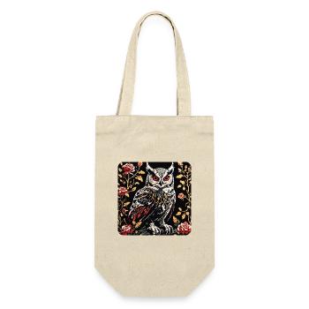 Hibou avec des vrilles de pétales de rose en aspect gravure sur bois - Sac à bouteille - nature - Devant