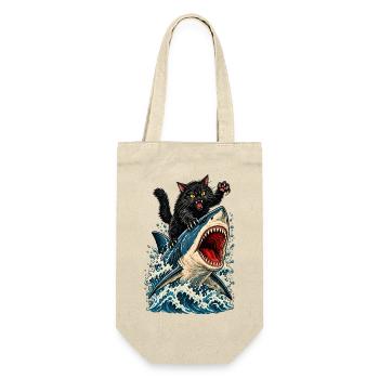 Angry Black Cat Riding a Great White Shark - Geschenkbeutel für Flaschen - Natur - Vorne