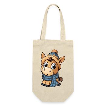 Niedliches Pony mit Schal und Pudelmütze. - Geschenkbeutel für Flaschen - Natur - Vorne