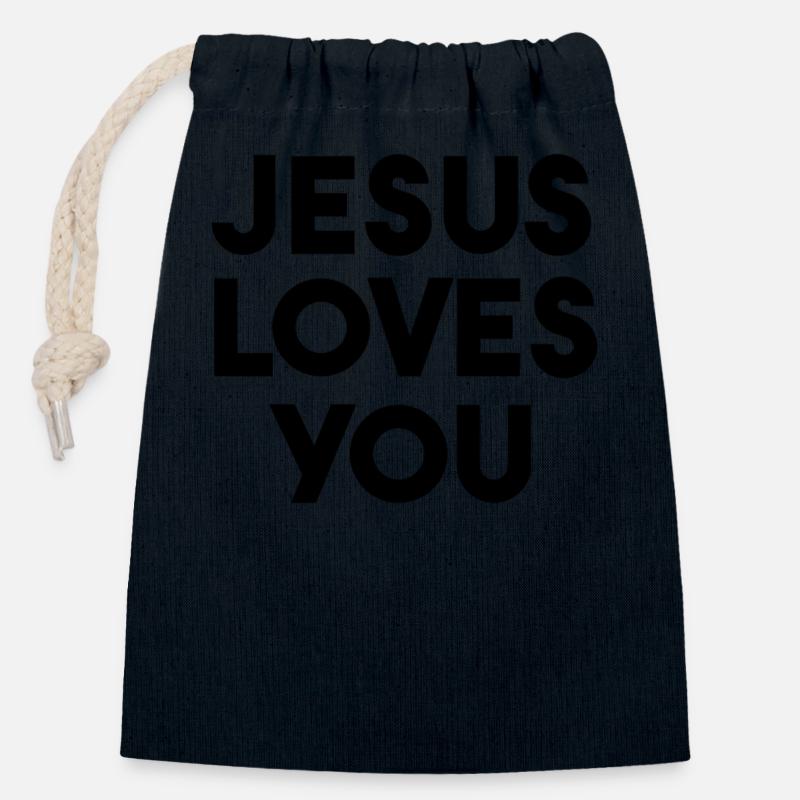 Jésus t’aime - Sac cadeau en coton avec cordon (14 x 20 cm) - bleu marine