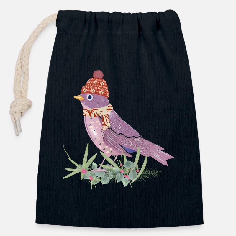 Vogel mit Bommelmütze und Schal in Winter Stimmung - Verschließbarer Geschenkbeutel aus Baumwolle (14x20cm) - Navy
