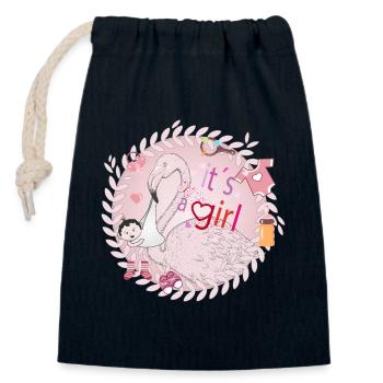 Flamingo mit Baby und Baby Utensilien in Rosa - Verschließbarer Geschenkbeutel aus Baumwolle (14x20cm) - Navy - Vorne
