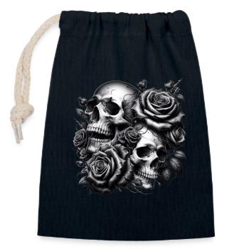 Crânes et roses - Sac cadeau en coton avec cordon (14 x 20 cm) - bleu marine - Devant