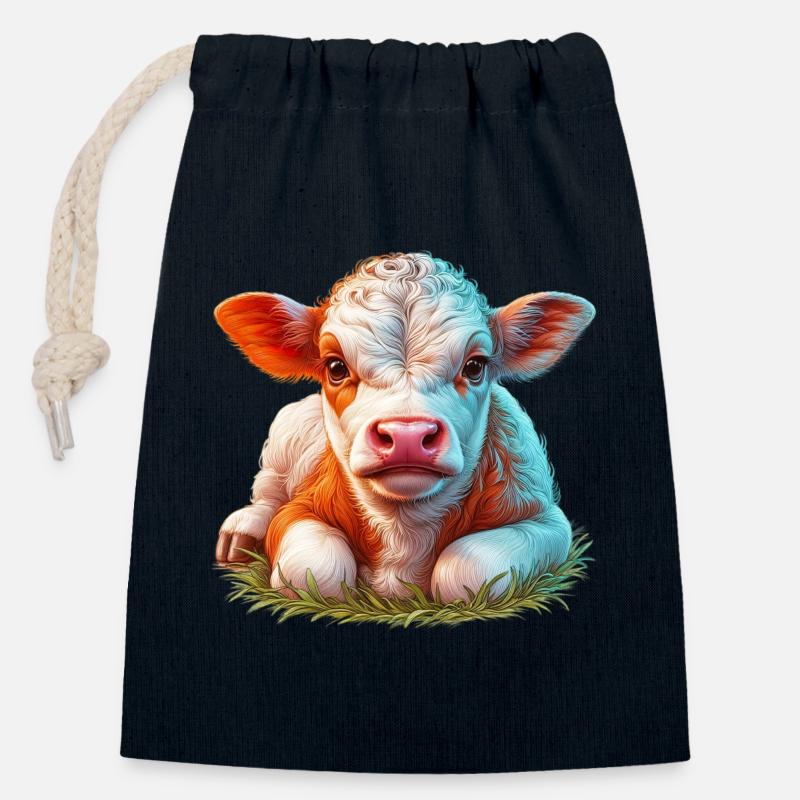 Vache - Sac cadeau en coton avec cordon (14 x 20 cm) - bleu marine