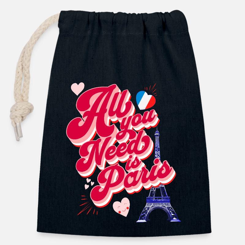 « Tout ce dont vous avez besoin, c’est de Paris », de la Tour Eiffel et de l’amour. - Sac cadeau en coton avec cordon (14 x 20 cm) - bleu marine