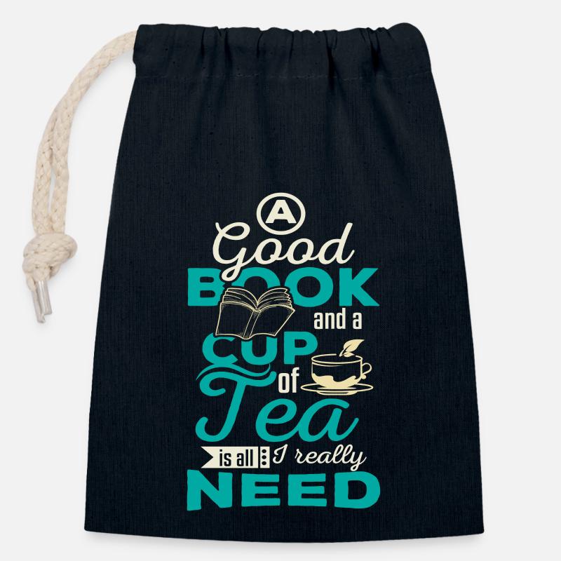 Books and Tea - Closable cotton gift bag (14x20cm) - navy