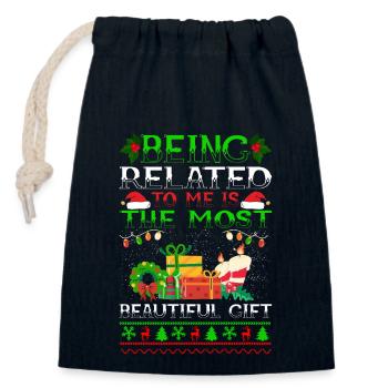 Being Related To Me – Funny Christmas Saying - Closable cotton gift bag (14x20cm) - navy - Front