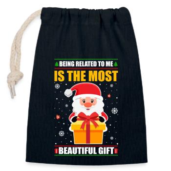 Being Related To Me – Funny Christmas Saying - Closable cotton gift bag (14x20cm) - navy - Front