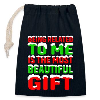 Being Related To Me – Funny Christmas Saying - Closable cotton gift bag (14x20cm) - navy - Front