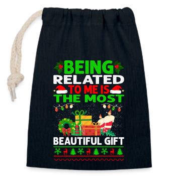 Being Related To Me – Funny Christmas Saying - Closable cotton gift bag (14x20cm) - navy - Front