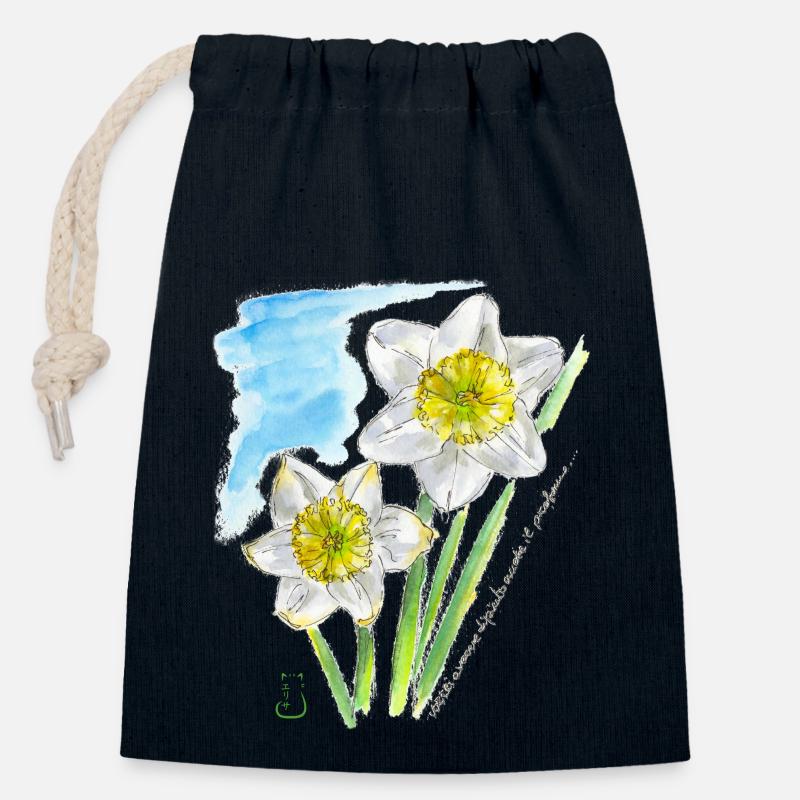 Jonquilles - Sac cadeau en coton avec cordon (14 x 20 cm) - bleu marine