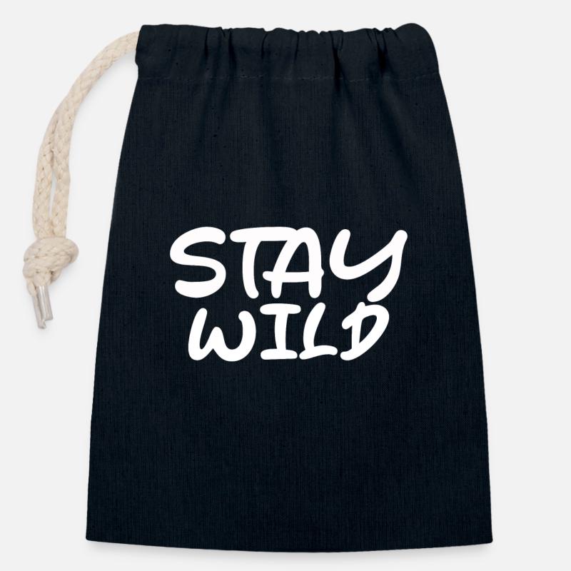 Lettrage Stay Wild - Sac cadeau en coton avec cordon (14 x 20 cm) - bleu marine