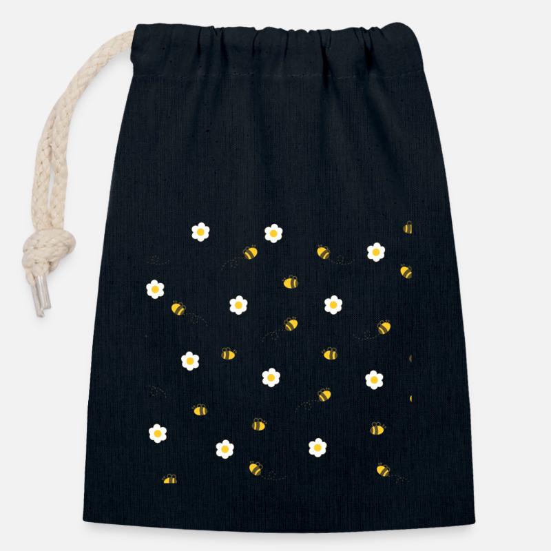 Abeilles et fleurs - Sac cadeau en coton avec cordon (14 x 20 cm) - bleu marine