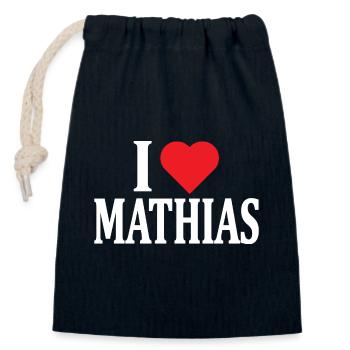 T-Shirt Ich liebe Mathias T-Shirt-Geschenkidee - Verschließbarer Geschenkbeutel aus Baumwolle (14x20cm) - Navy - Vorne