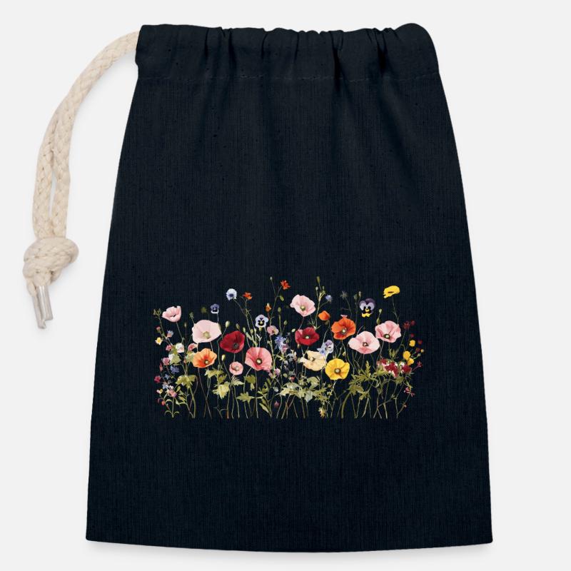 Prairie de fleurs sauvages - Fleurs naturelles à l’aquarelle - Sac cadeau en coton avec cordon (14 x 20 cm) - bleu marine