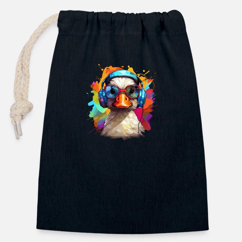 Canard funky avec écouteurs et lunettes - Sac cadeau en coton avec cordon (14 x 20 cm) - bleu marine