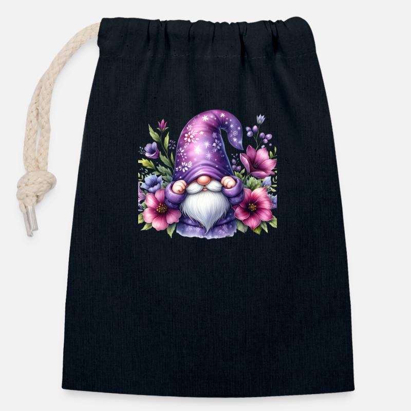 Gnome - Gartenzwerg in Lila mit Blumen - Verschließbarer Geschenkbeutel aus Baumwolle (14x20cm) - Navy