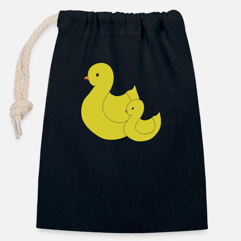 Maman canard et bébé - Sac cadeau en coton avec cordon (14 x 20 cm) - bleu marine